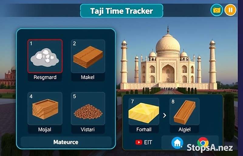 Taj Time Tracker Gameplay Taj Time Tracker gameplay showing resource management screen with different materials needed for Taj Mahal construction