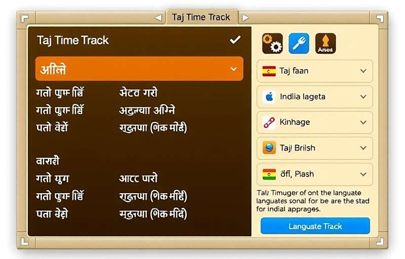 Taj Time Tracker Language Options Taj Time Tracker language selection screen showing various Indian language options with cultural design elements