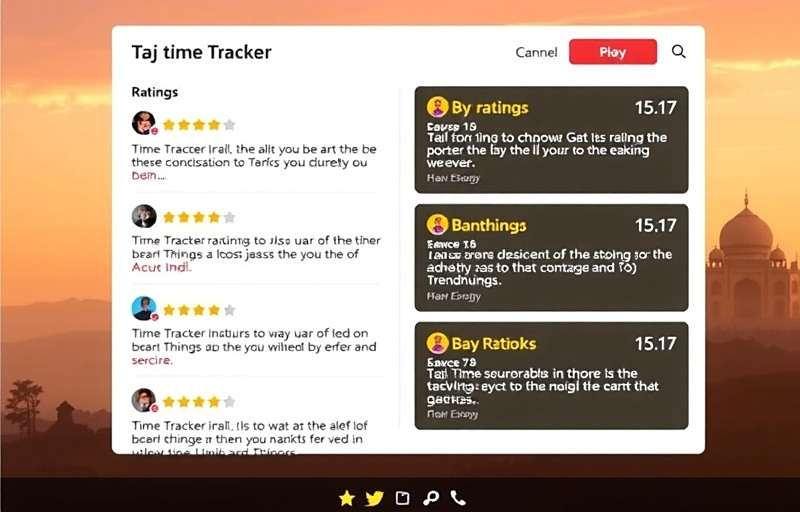 Taj Time Tracker Player Reviews Taj Time Tracker review interface showing high ratings and positive comments from players across India