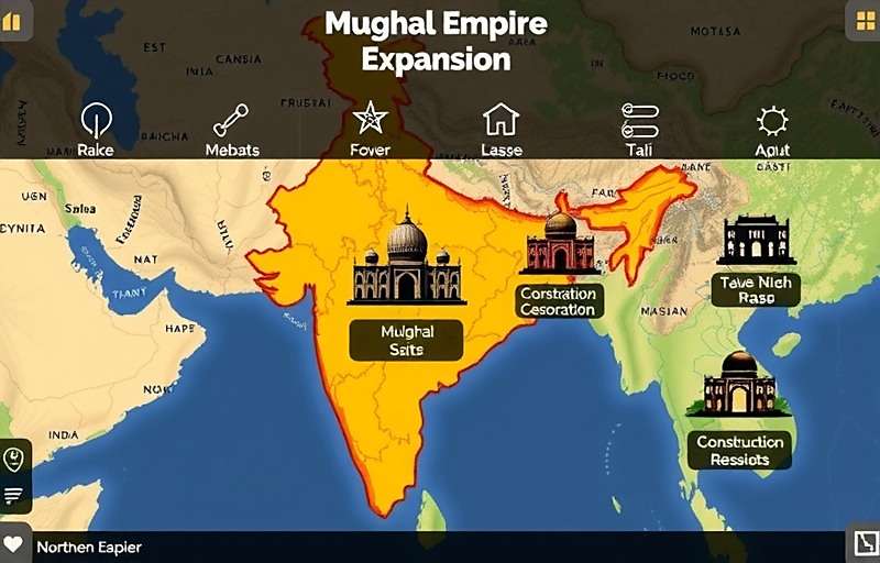 Taj Time Tracker Upcoming Features Concept art for Taj Time Tracker's upcoming Mughal Empire Expansion showing multiple construction sites across northern India