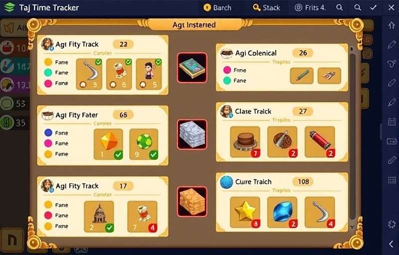 Taj Time Tracker Resource Management Strategy Taj Time Tracker resource management screen showing successful player strategy with balanced material stockpiles